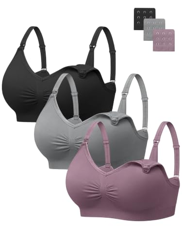 Image of Angelhood Womens Seamless Sleep Nursing Bra,Breastfeeding Maternity Bra with Remove Bra Pads Extenders Pack of 3