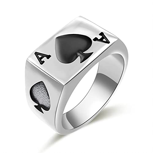 JAJAFOOK Mens Womens Stainless Steel Ring Poker Spade Ace Silver Black Sizes 6-14