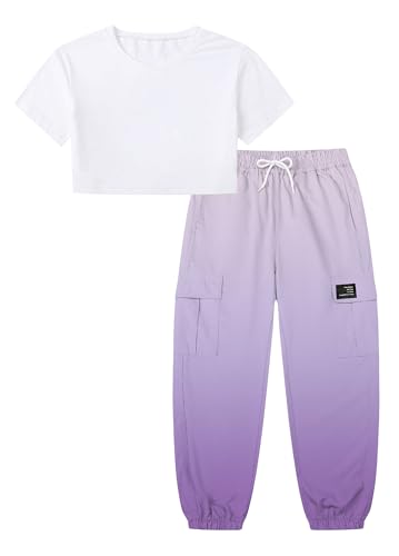 Image of Betusline Girls 2 Piece Set, Black Cute Short Sleeve Crop Tops + Purple Gradient Cargo Jogger Pants Clothes, 4-5T = Tag 120