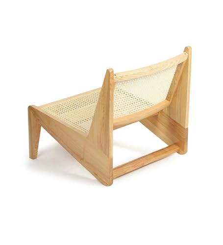 Image of Handcrafted Natural Wood Lounge Chair with Cane Rattan Weave, Modern Minimalist Design, Indoor Living Room Accent