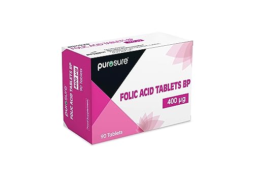 PuroSure Folic Acid Tablets 400 mcg 90 Tablets - Vitamin B9 Tablets - 3 Month Supply - Pregnancy Care - Normal Function of Immune System & Maternal Tissue Growth During Pregnancy