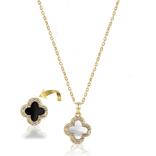 DOUBLESHOOT Double-Sided Clover Necklace, S925 Sterling Silver with Shell and Zirconia, 18K Gold...