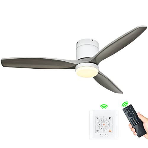 YITAHOME 52 Inch Low Profile Ceiling Fan with Lights Remote and Wall Control, 3 Wood Blade, Flush Mount Fan with Quiet Reversible DC Motor, 3 Colors Adjustment, for Home, White & Walnut