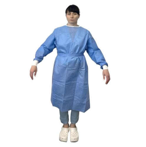 Image of Disposable Isolation Gowns for Medical, Dental and Lab, Poly-Reinforced SMS Fabric, Level 3 Sterile, Latex-Free, Long Cuffed Sleeve, One Size, Blue - 1 Count