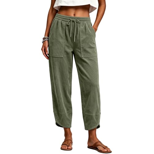 Womens Corduroy Wide Leg Baggy Pant High Waist Drawstring Pocket Split Hem - image 5