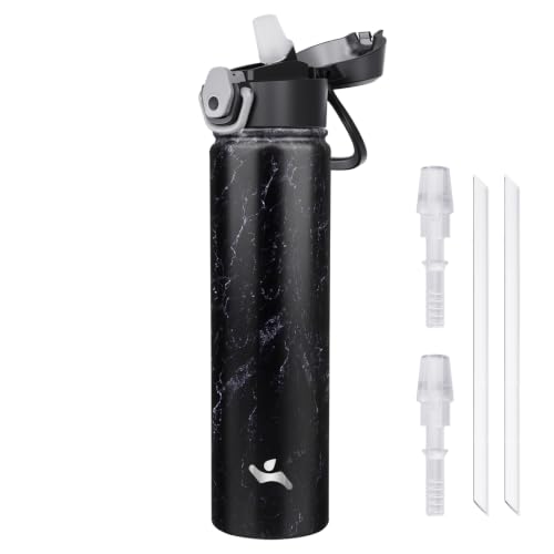 Image of Konokyo 24 oz Insulated Water Bottle with Straw, Carry Loop, Marble Midnight