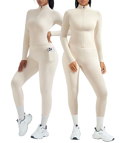 OMKAGI 2 Piece Workout Sets for Women Zip Up Jacket Gym Leggings with Pockets Yoga Sets