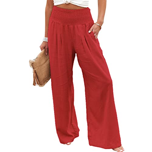 Damen-Leinen-Hose, elastisch, hohe Taille, breites Bein, Palazzo, Lounge-Hose, lässig, Sport, Yoga, mit Taschen, rot, X-Large Cover