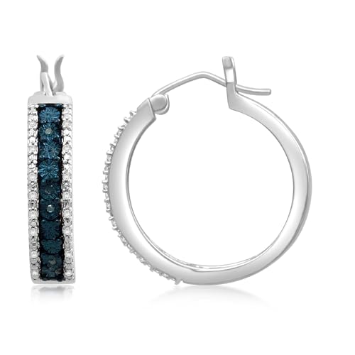Jewelili Sterling Silver Miracle Plate Hoop Earrings with Treated Blue and Natural White Round Diamonds, 1/10 cttw