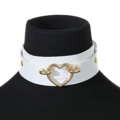 Aabellay Breit Lederhalsband Halskette Herz Form Damen Leder Choker Metall Ring Halsband Gotik Punk Rock Lederband Einstellbar Kragen - Weiß mit Gold Herz