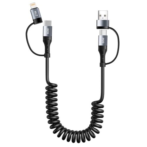 4 en 1 cables Lightning en espiral,1.2m Cable USB A/C a USB C y Lightning 60W Carga Rápida con Datos cargador Phone retráctil con transmisión de datos para iPhone 15/14/13/12/11/Android/iPad/iPod