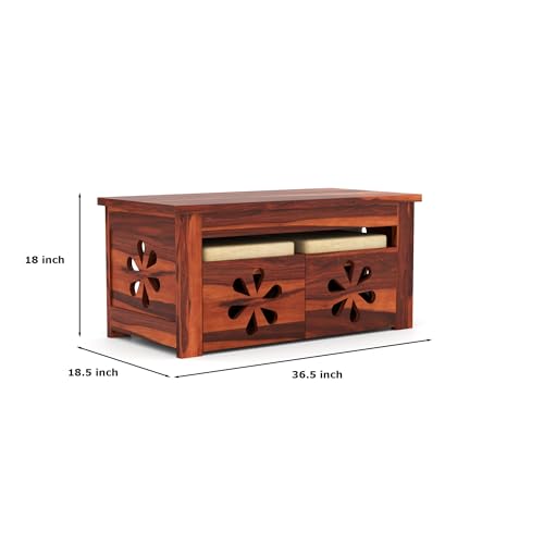 Image of Sheesham Wooden Coffee Center Table with 2 Stool Seating for Home Furniture | Solid Wood Center Table for Living Room, Hallway and Office Furniture Table | Flower- in Honey Finish