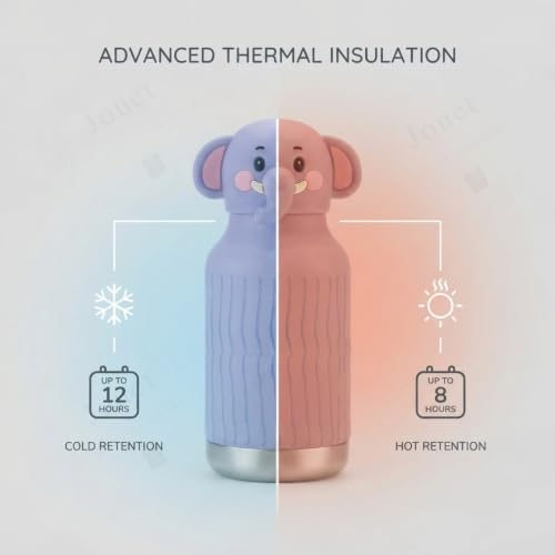Image of JOUET Kids Stainless Steel Water Bottle 280ml with Cute Elephant Character Lid, Purple Leakproof Drinking Bottle for School, Travel & Daily Use