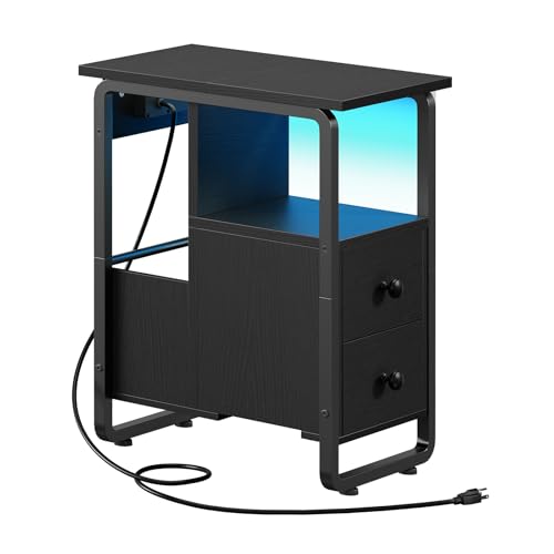 HOOBRO Narrow End Table with Charging Station & LED Lights, Slim Nightstand with 2 Fabric Drawers and Open Shelves, Narrow Side Table for Living Room, Bedroom, Black BB430UDBZ01