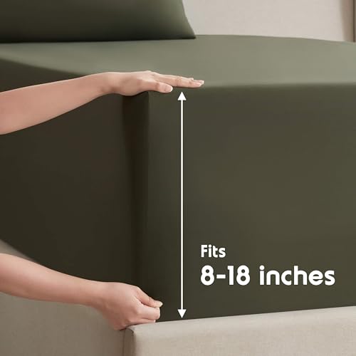 Image of Nestl Split King Bed Sheet Set - Olive Green - 5-Piece Deep Pocket | Instantly Soft, Night-One Ready (No Wash Required). Fits 16-Inch Deep Pockets, 360-Degree Elastic Grip