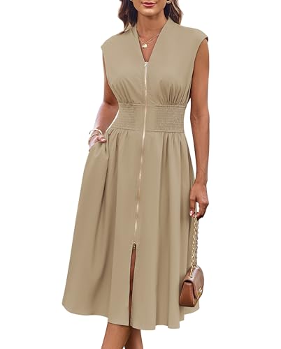 Image of GRACE KARIN Womens Summer Casual Dress, Business Office Work Dresses, Cap Sleeve Zipper Front Flowy Midi Dress with Pockets