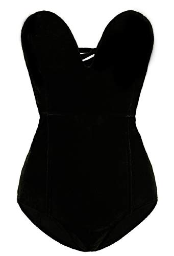CHARTOU Women s Sexy Velvet Back Lace Up One Piece Romper Bodysuit (X-Small, Black)