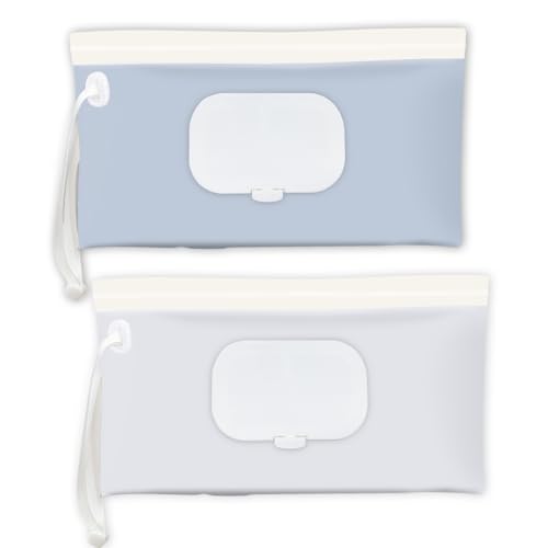 Baby Wipes Holder 2 Pack Wipes Container & Wet Wipes Dispenser Travel Wipes Case Reusable Wipes Pouch Portable Wipe Holder for Diaper Bag Blue & Beige