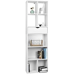 Estanterias Altas Blancas EUGAD Libreria Blanca con Cajón y Cubos Abiertos, Estanteria de Almacenamiento para Libros, Marcos de Fotos y Colecciones, Estanteria de 6 Niveles para Salón, Dormitorio y Oficina, 50x24x168 cm