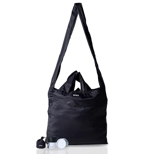 SYZY Sacola de viagem mais compacta do mundo, bolsa portátil para compras no mercado de praia - reutilizável dobrável e recheável, Preto, Small, Minimalista