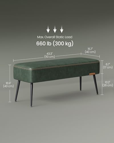 Image of VASAGLE Bench for Entryway, PU Leather, Steel Legs, Loads 660 lb | Ottoman Bench, Transitional, with Stitching, Bedroom, Living Room, Forest Green, EKHO Collection ULOM076C01