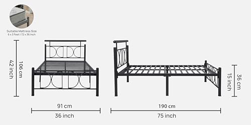 Image of Mexo Metal Extra Single Size Bed Without Storage | Wrought Iron Cot with Headboard & Footboard| Sturdy Powder Coated Platform Bed Extra Single Size Cot for Bedroom (Mexo Black)