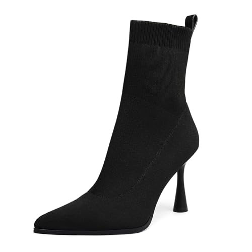GOSERCE Black Sock Booties for Women Elastic Knit Ankle Boots Pointed Toe Kitten Heeled Pull On Boot Womens for Dressy Comfortable Office Business Dress Fall Winter Shoes
