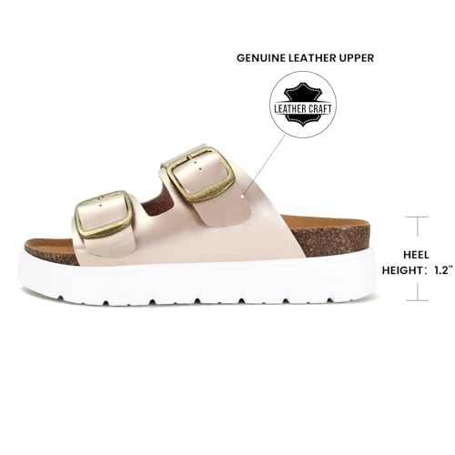 Image of Genuine Leather Platform Sandals for Women Comfortable Summer Beach Slides Sandals with Double Adjustable Buckle
