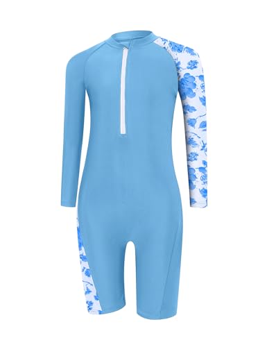 Image of Girls One Piece Rash Guard Swimsuit Long Sleeve Swimsuits with Zipper Patchwork Beach Bathing Suit for Kids 4-13 Years