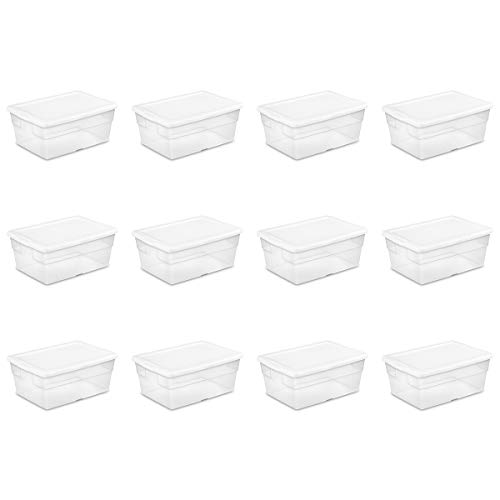 Sterilite 16448012 16 Quart/15 Liter Storage Box, White Lid with Clear Base, 12-Pack