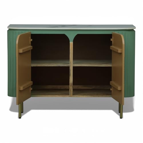 Image of Solid Wood Mandala Sideboard Cabinet with Sintered Stone Top for Living Room | 119.8 x 39.8 x 85 cm | Olive Green and Premium Acrylic Terracotta Brown Finish