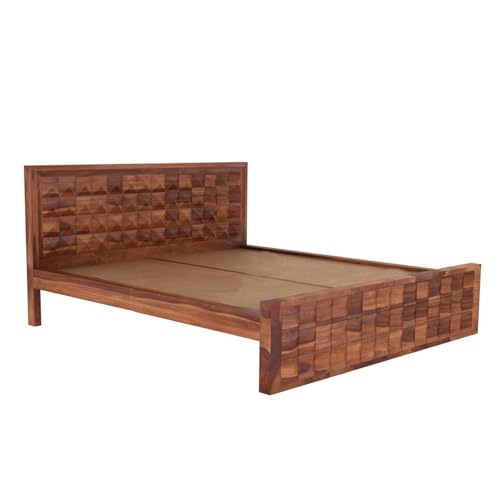 Image of Sheesham Wood King Size Bed Without Storage | Wooden Bed King Size Double Cot Palang Bed for Bedroom | Diamond Design Headboard Bed for Living Room | Honey Finish