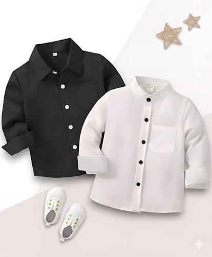 Image of Boys Shirt, Black and White Plaid and Light Blue Solid, Long Sleeve Button-Up, 2 Pack