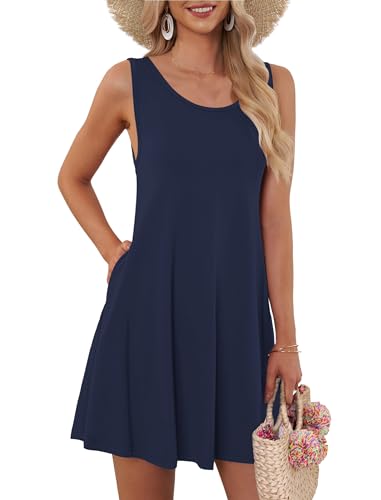 AUSELILY Sommerkleid Damen Rundhals Knielang Freizeitkleider Strand Trägerkleid mit Taschen Navy blau,M
