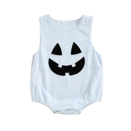 Infant Boys Pumpkin Romper Overalls Fall Bubble Rompers Sleeveless Gingham Bodysuit Newborn Baby Halloween Clothes