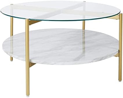 Signature Design by Ashley Wynora Contemporary Round Coffee Table with Glass & Faux Marble, White & Gold