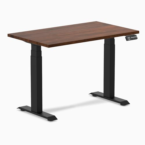 Image of Desky Small Electric Standing Desk, 40 x 24 inches Rubberwood Height Adjustable Sit Stand Desk with Dual Motor and Memory Presets, Compact Home Office Workstation - Red Walnut Wood Top