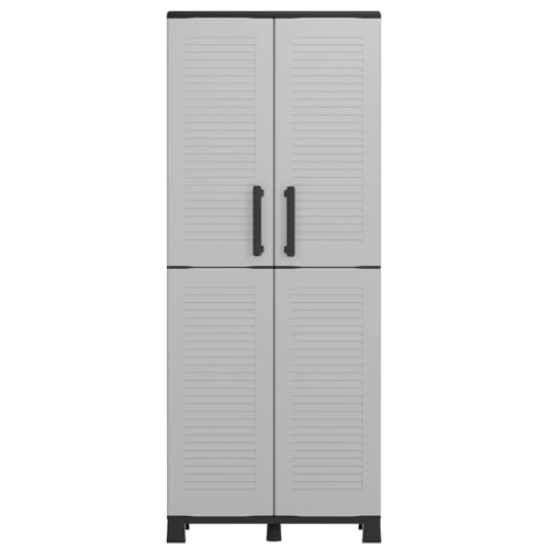 INTEC - Armoire de Rangement Grise 2 Portes 4 Étagères – Meuble Haut Plastique pour Garage, Buanderie, Bureau – Meuble à Pieds H169 cm (68x37x169 cm)
