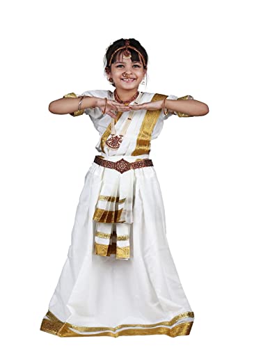 Image of BookMyCostume Mohiniyattam Indian Classical Dance Costume for Girls and Women with 10 Pcs Jewellery set 6-7 years