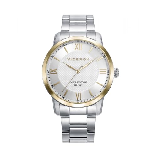 Viceroy Reloj Analógico Elegante para Hombre de Acero Inoxidable - Movimiento de Cuarzo - Esfera Blanca con Números Romanos - Bisel Dorado - Colección Grand