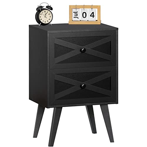 Lerliuo Mid-Centry Modern Nightstand With 2 Stroage Drawers, Farmhouse End Table With Barn Door, Bedside Table, Rustic Wood Sofa Side Table, Black Nightstands For Bedroom, Living Room, Dorm #TOP13