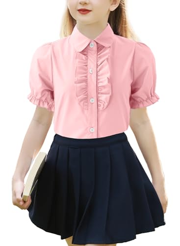Image of Girls Short Sleeve Button Down Shirts Ruffle School Uniform Crop Tops Peter Pan Collar Plaid Blouse 4-13Y