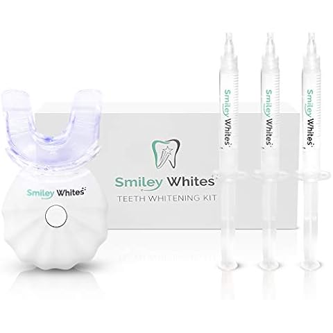 Smiley Whites Premium Teeth Whitening Kit. Non-Sensitive, Peroxide Free Gel Remove Stains. Auto Timer with LED Light Cover