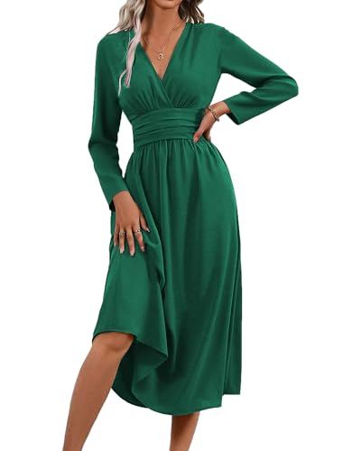QUNERY Sommerkleid Lang Damen Einfarbige Kurzarm/Langarm Elegant Überlappung V Ausschnitt Taillenfalten Maxikleider Casual Kleider Casual Strandkleid...