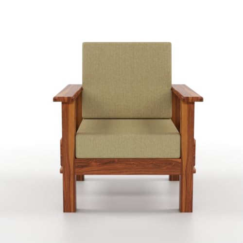 Image of Solid Sheesham Wood 1 Seater Sofa | Modern Wooden Sofa Chair with Upholstered Cushioned Seat & Backrest | Handmade Carved Accent Armchair for Living Room, Bedroom & Office