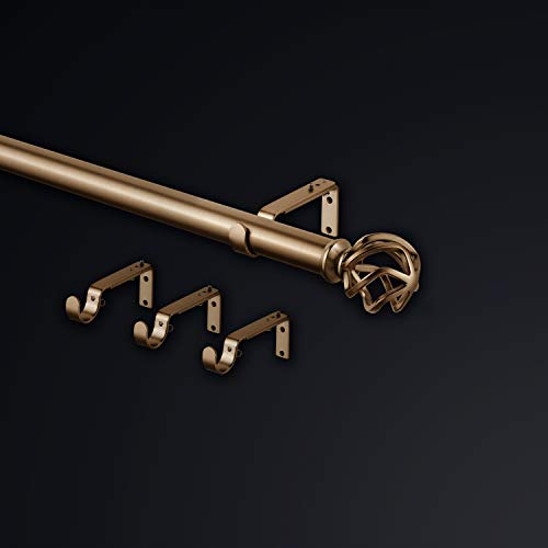 Mode Premium Collection 1 1/8" Diameter Curtain Rod, Set With Round Birdcage Curtain Rod Finials And Steel Wall Mounted Adjustable Curtain Rod, Fits 72” To 144” Windows, Warm Gold #TOP1