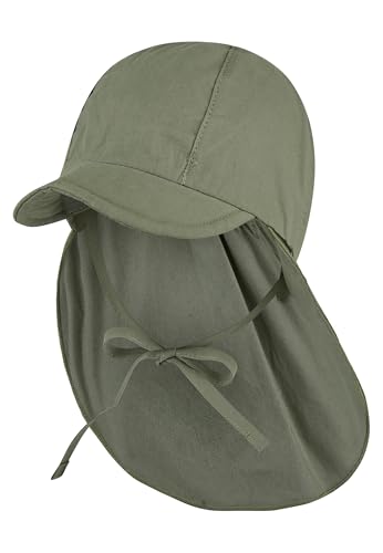 Sterntaler Schirmmütze Nackenschutz - Unisex Baby- und Kinder Mütze mit Nackenschutz und einsteckbaren Ohrenklappen - UV-Schutz 50+ Sommermütze zum Binden - Popeline (Bio) Kopfbedeckung mattgrün,Gr.47