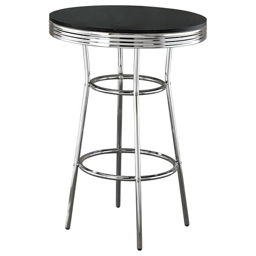 Coaster Home Furnishings Retro 1950s Soda Fountain Diner Pub Height Game Room Bar Table Black Laminate Top Sturdy Steel Chrome Base 2405
