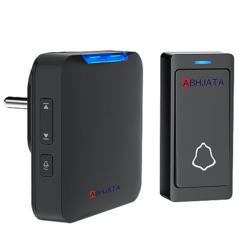 Image of ABHJATA Wireless Doorbell, Door Bell Kit up to 1000ft Range with 32 Ringtones, 5 Adjustable Volume with LED Indicator, Door Bell for Home, Plug in Type-Black(1 Transmitter & 1 Indian Plug Receiver)