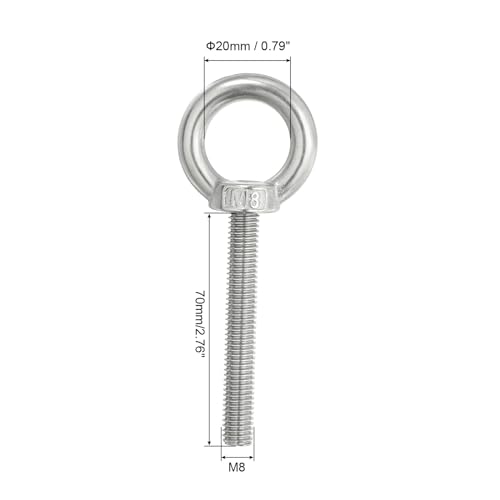 Image of PATIKIL M8 x 70mm Lifting Shoulder Eye Bolt, 3Pcs 304 Stainless Steel Lifting Ring Threaded Eyebolt with Nuts Washers for Hanging Hammocks Articles